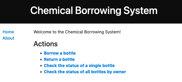 Screenshot of the Chemical Borrowing System Homepage